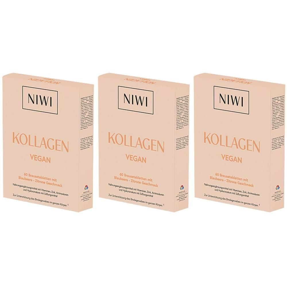 Drei Kartons mit NIWI KOLLAGEN VEGAN. Aufschrift: 60 Brausetabletten mit Himbeer-Zitronen Geschmack. Beige Verpackung.