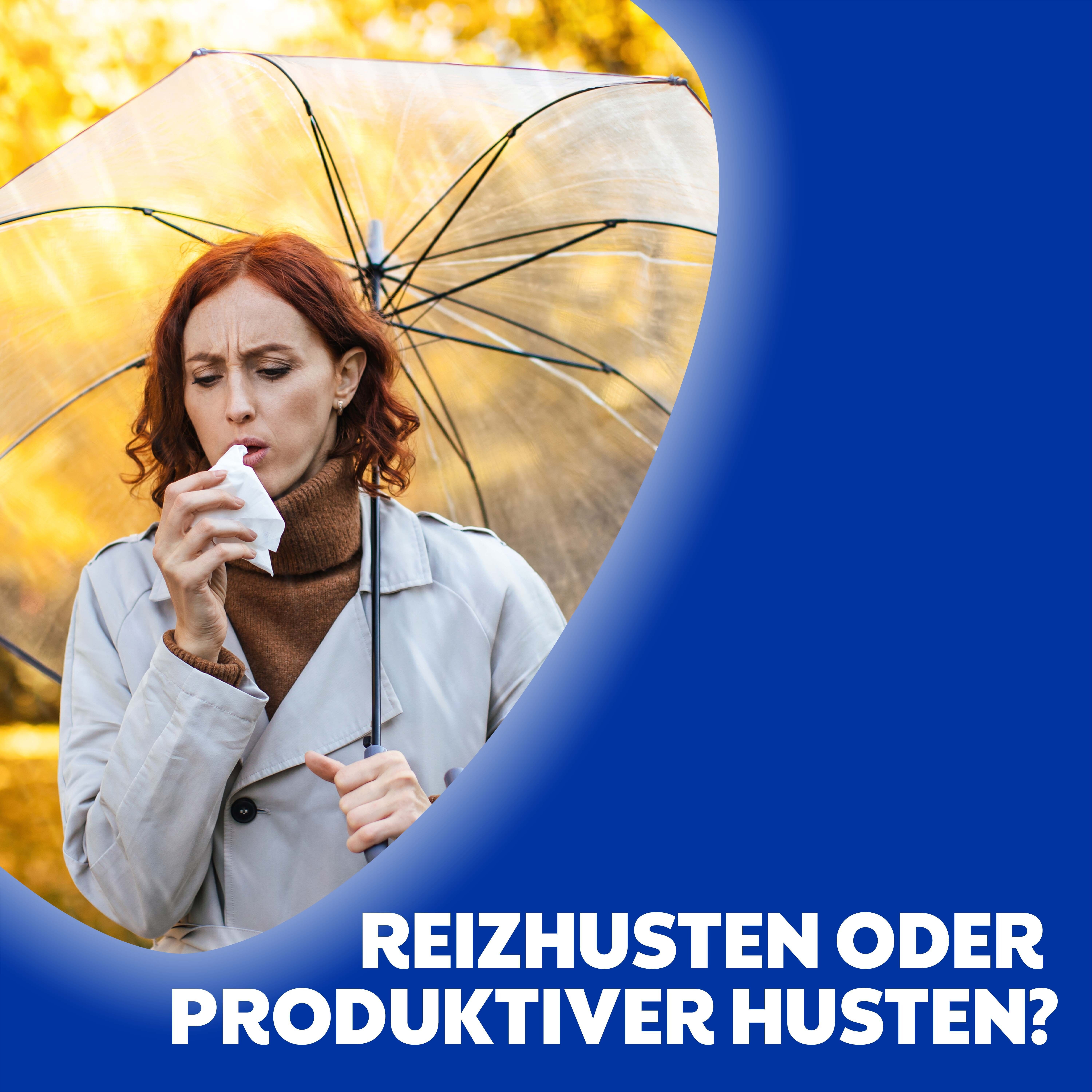 Frau mit Taschentuch unter einem Regenschirm. Text: Reizhusten oder produktiver Husten?