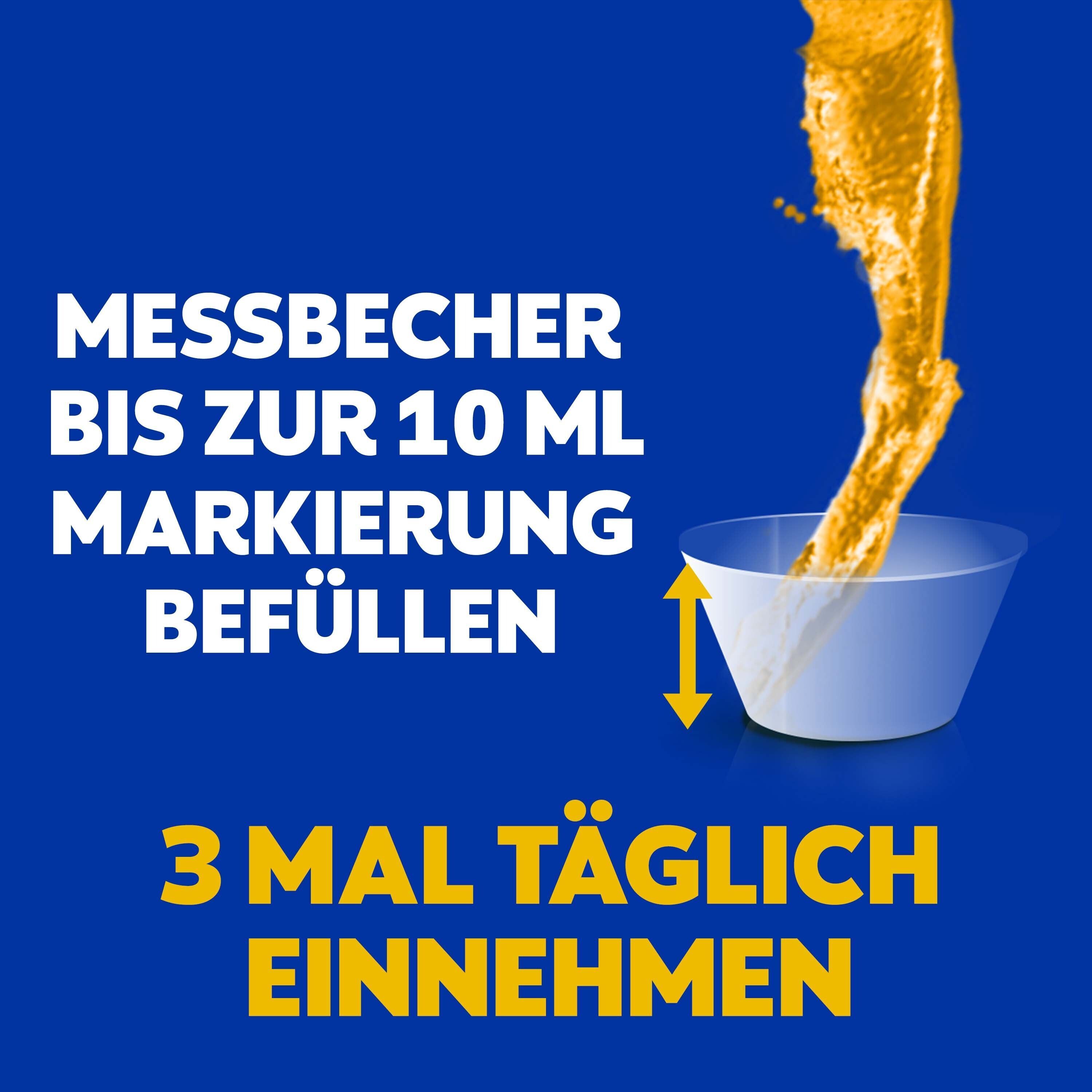 Messbecher mit Flüssigkeit. Text: Messbecher bis zur 10 ml Markierung befüllen. 3 mal täglich einnehmen.