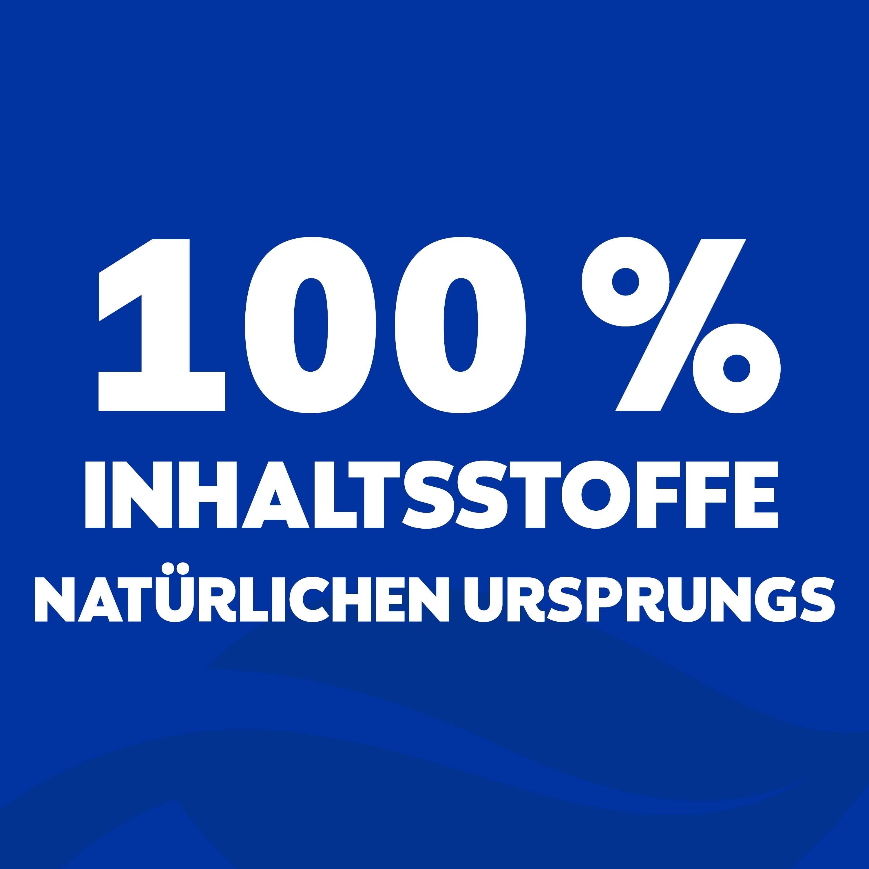Blauer Hintergrund mit Text: 100% Inhaltsstoffe natürlichen Ursprungs.