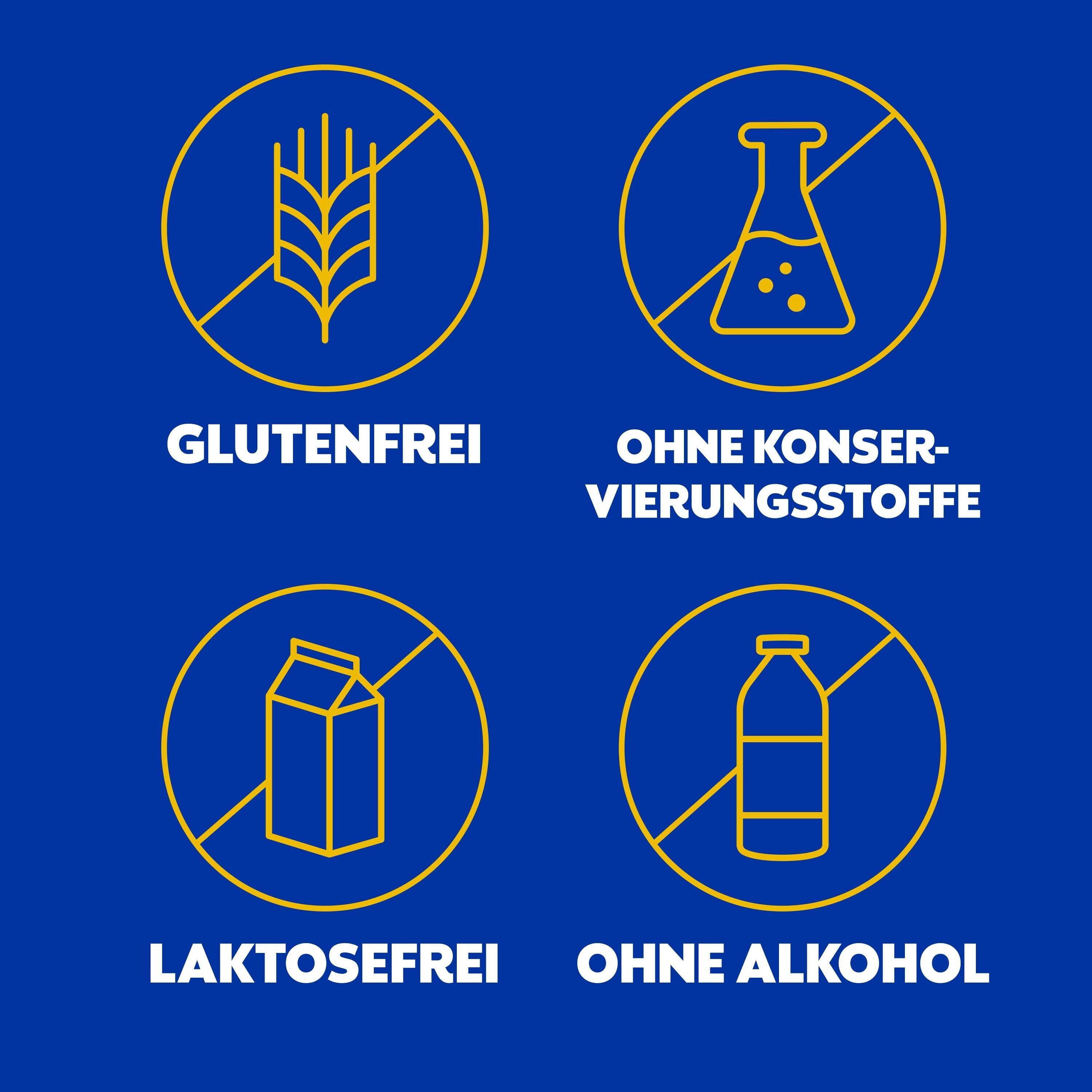 Blaue Grafik mit Symbolen: Glutenfrei, ohne Konservierungsstoffe, laktosefrei, ohne Alkohol.