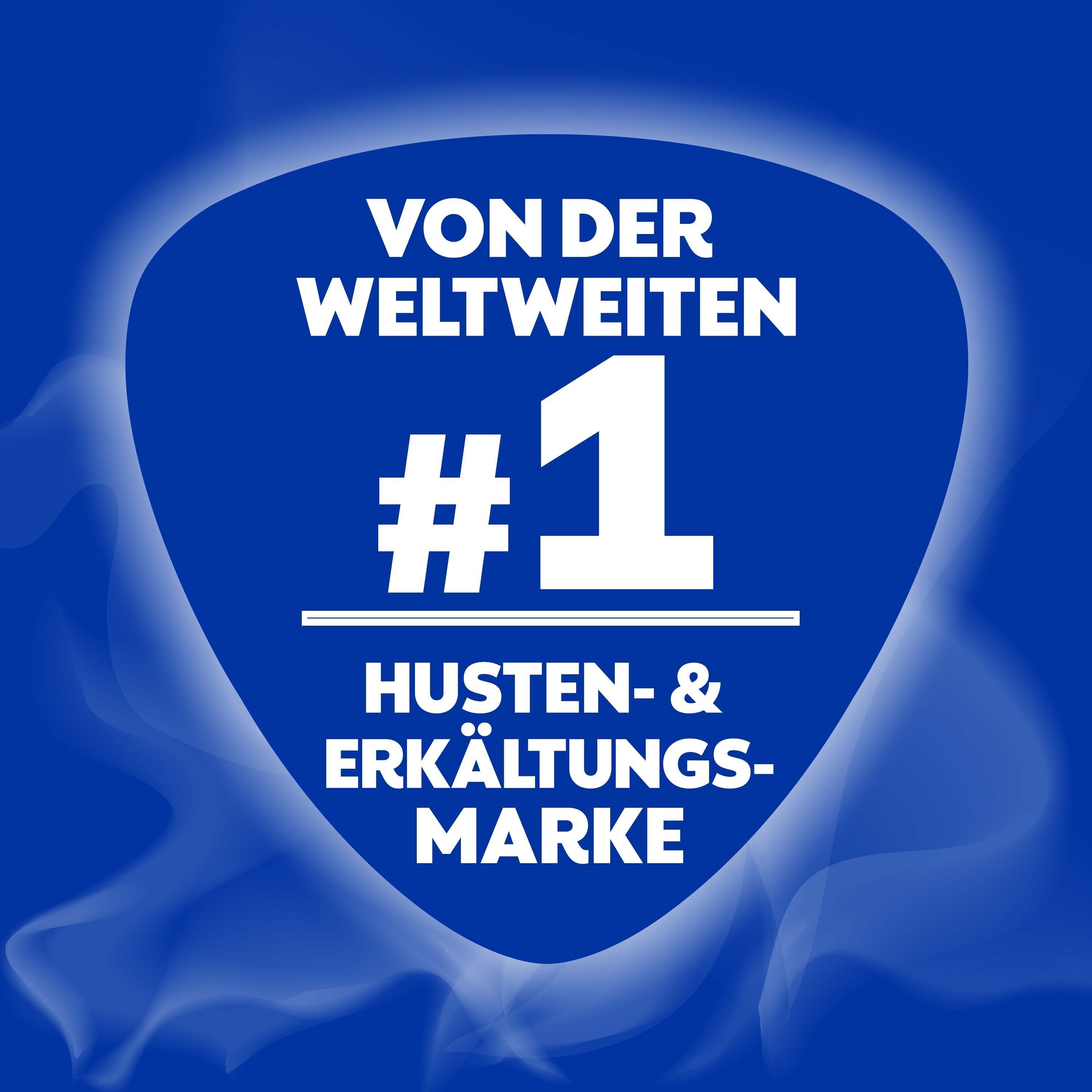 Blaues Emblem mit Text: Von der weltweiten #1 Husten- & Erkältungsmarke.