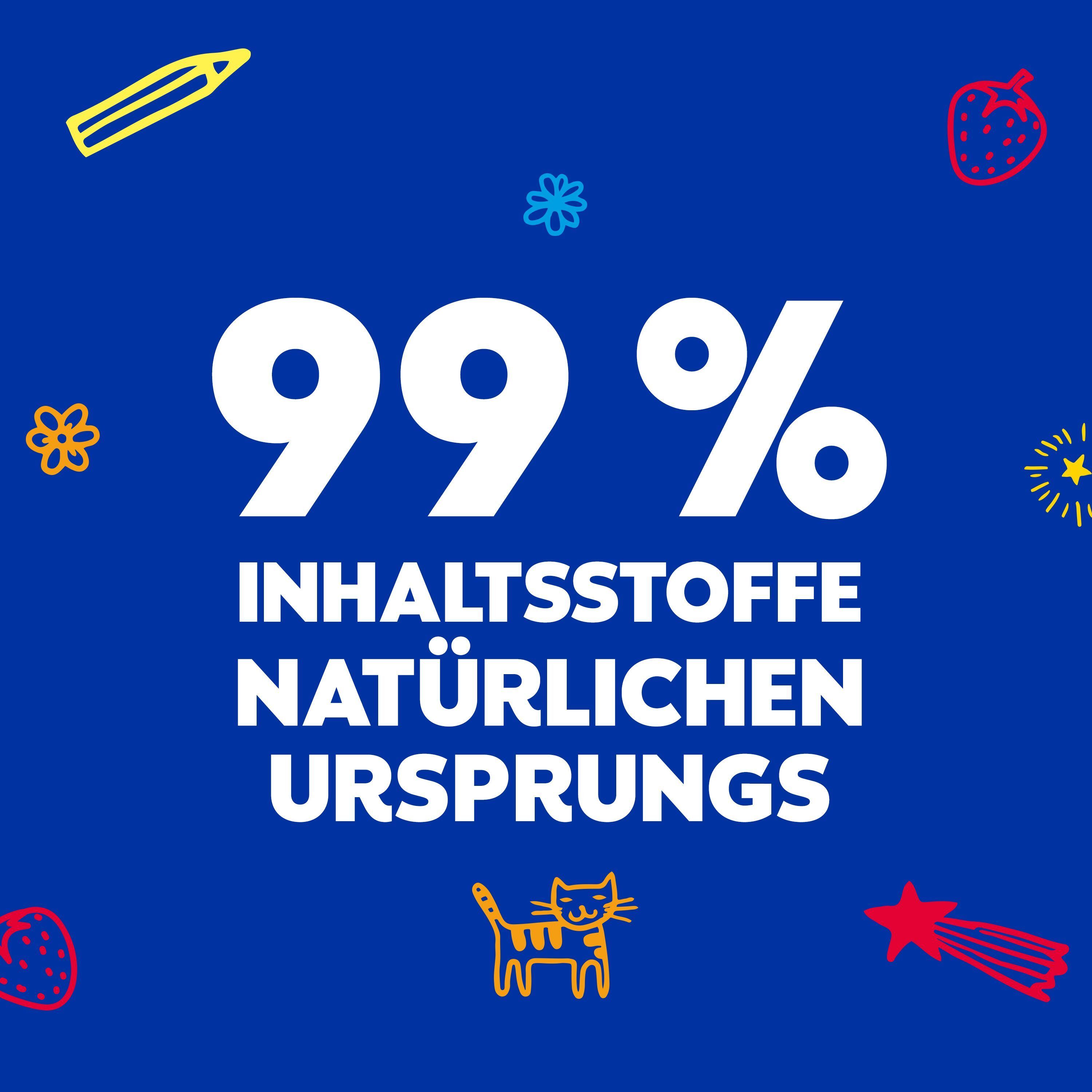 Blauer Hintergrund mit Text: 99 % Inhaltsstoffe natürlichen Ursprungs.
