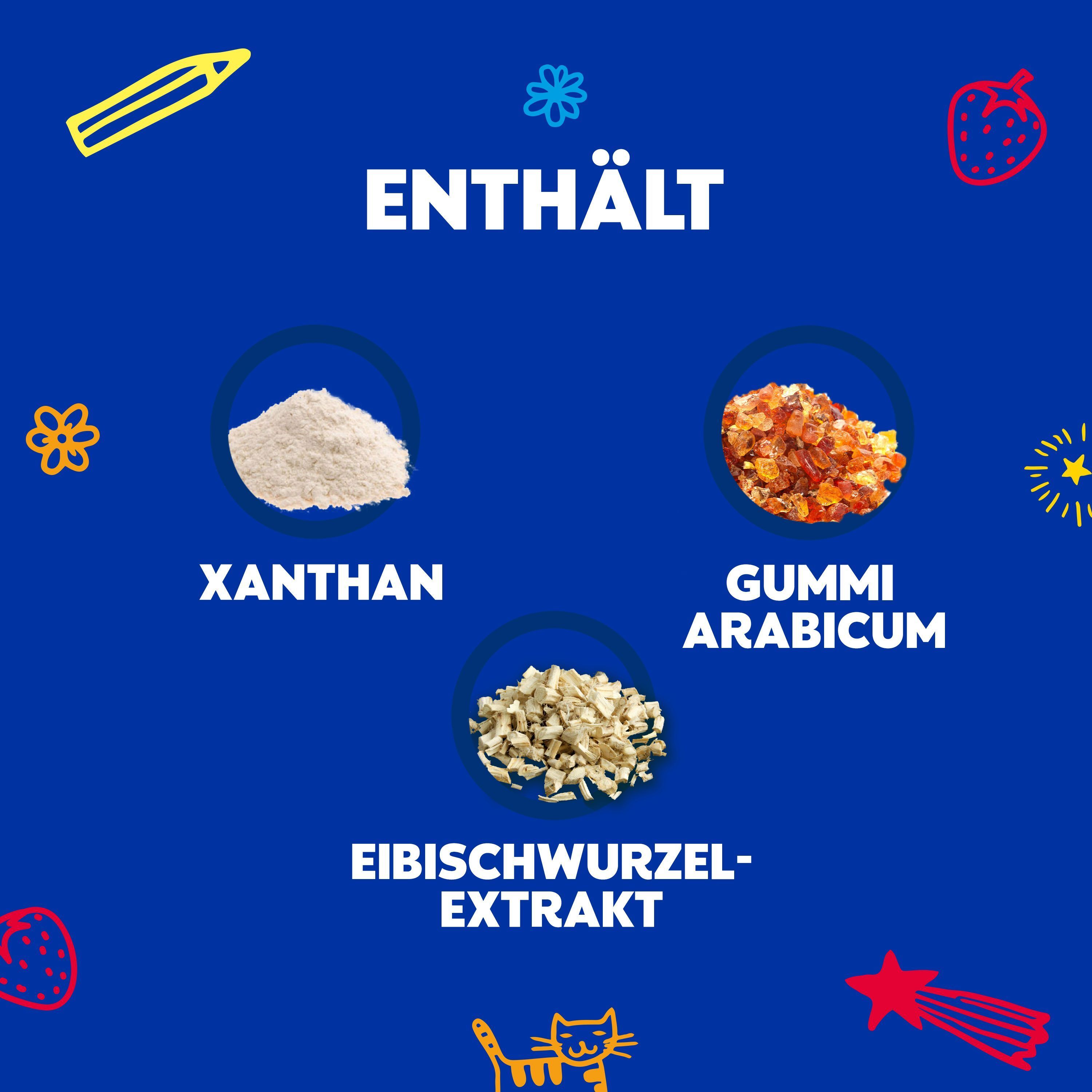 Blauer Hintergrund mit Text und Abbildungen von Xanthan, Gummi Arabicum und Eibischwurzel-Extrakt.