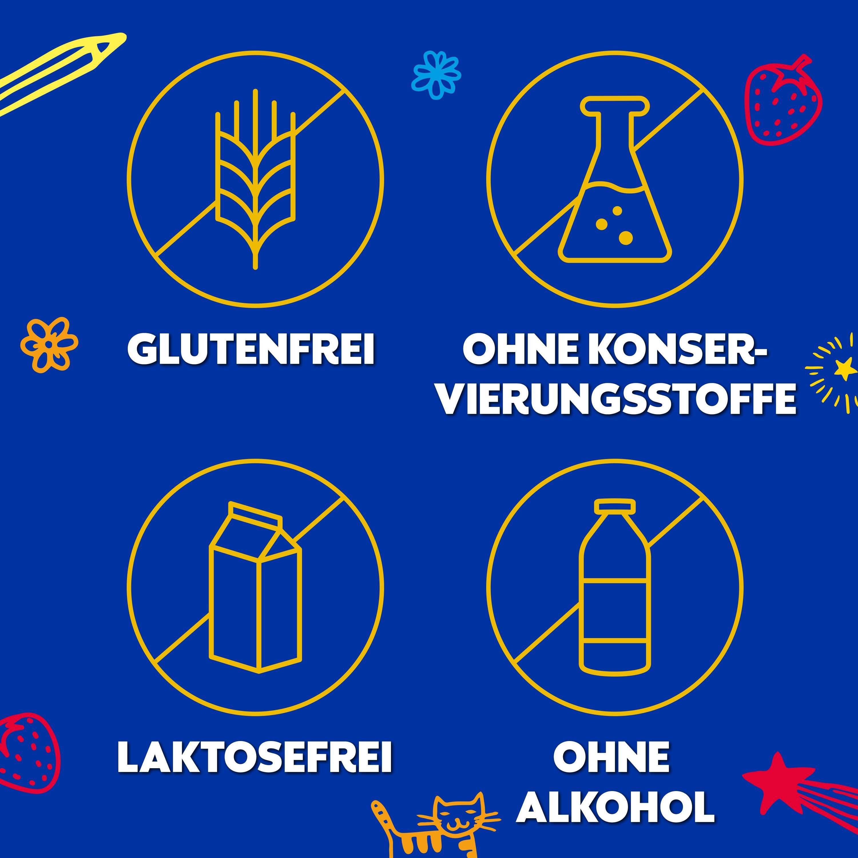Symbole: Glutenfrei, ohne Konservierungsstoffe, laktosefrei, ohne Alkohol.