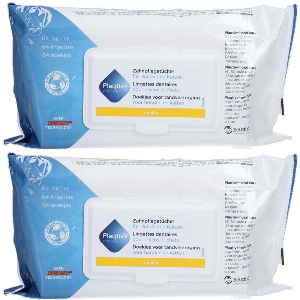 Zwei Packungen Zahnpflegetücher für Hunde und Katzen. Blaue und weiße Verpackung mit Produktinformationen und Logo.