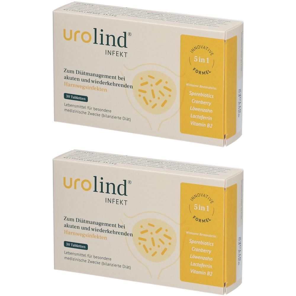 Zwei rechteckige Kartons mit Produktaufdruck. Aufschrift: urolind INFEKT. Gelbe Akzente und Text. 30 Tabletten.