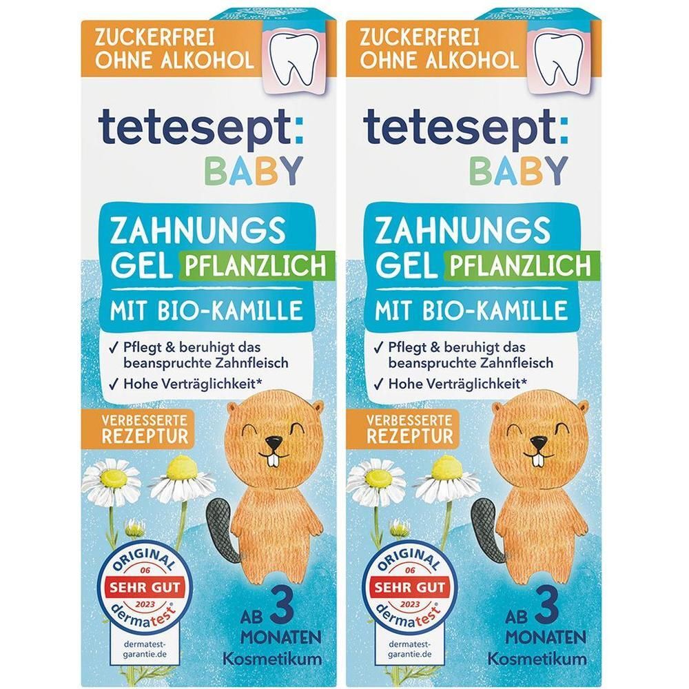 Zwei Packungen tetesept Baby Zähnchen Gel. Aufdrucke: zuckerfrei, ohne Alkohol, Baby, Zahnungs Gel pflanzlich, mit Bio-Kamille, ab 3 Monaten, Dermatest Siegel.