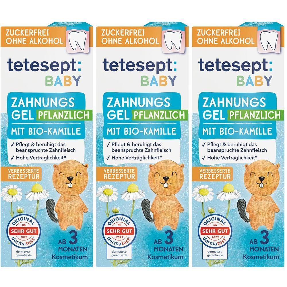 Drei Packungen tetesept Baby Zähnchen Gel. Auf jeder Packung: Logo, Produktname, Inhaltsstoffe, Illustration eines Bibers, Zertifizierung.