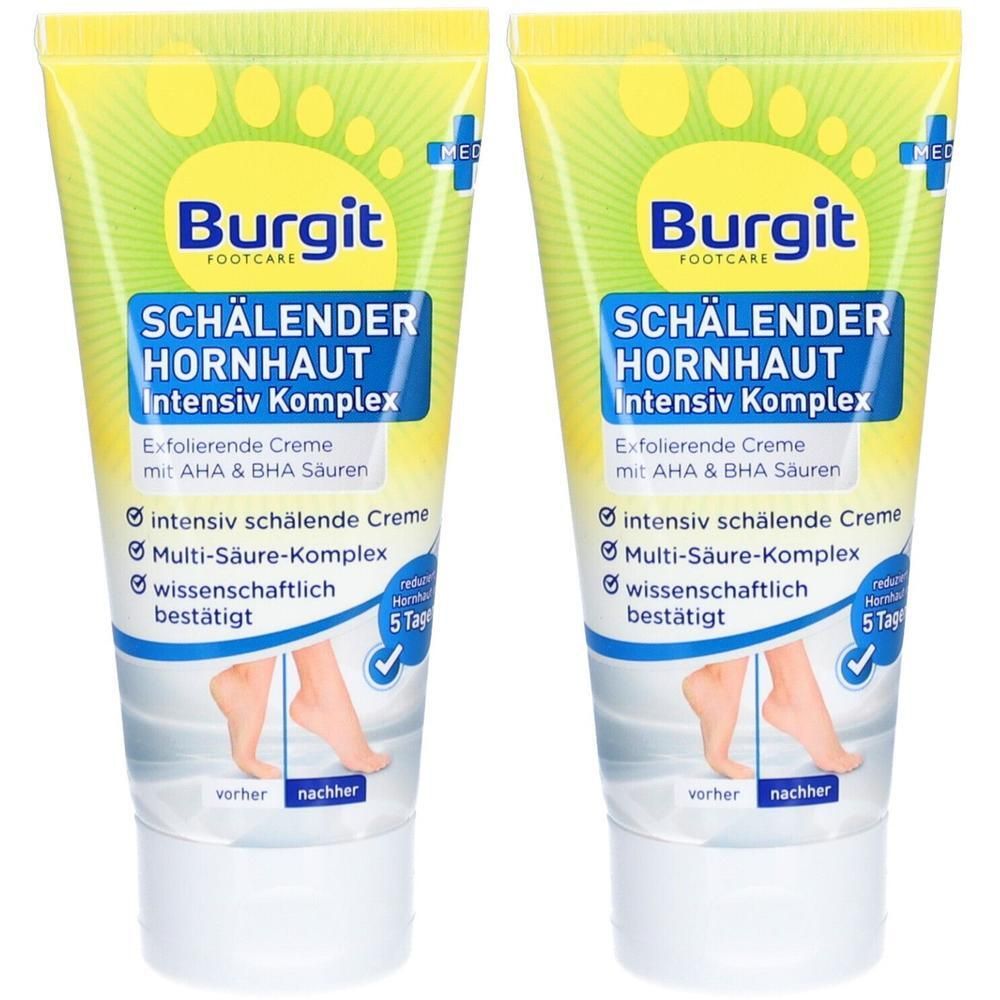 Zwei Tuben Burgit Fußpflege Creme. Aufschrift: SCHÄLENDER HORNHAUT Intensiv Komplex. Exfolierende Creme mit AHA & BHA Säuren. Vorher/Nachher-Illustration.