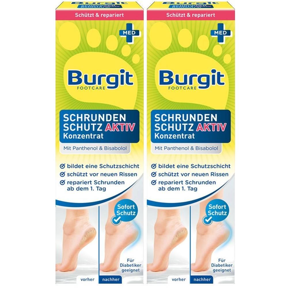 Zwei Packungen Burgit Schrunden Schutz Aktiv Konzentrat. Aufschrift: Schützt & repariert. Enthält Panthenol & Bisabolol. Für Diabetiker geeignet.