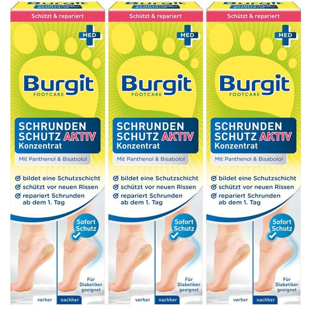 Drei Packungen Burgit Schrunden Schutz Aktiv Konzentrat. Auf jeder Packung ist ein Fuß abgebildet, davor und danach. Text: Schützt & repariert.