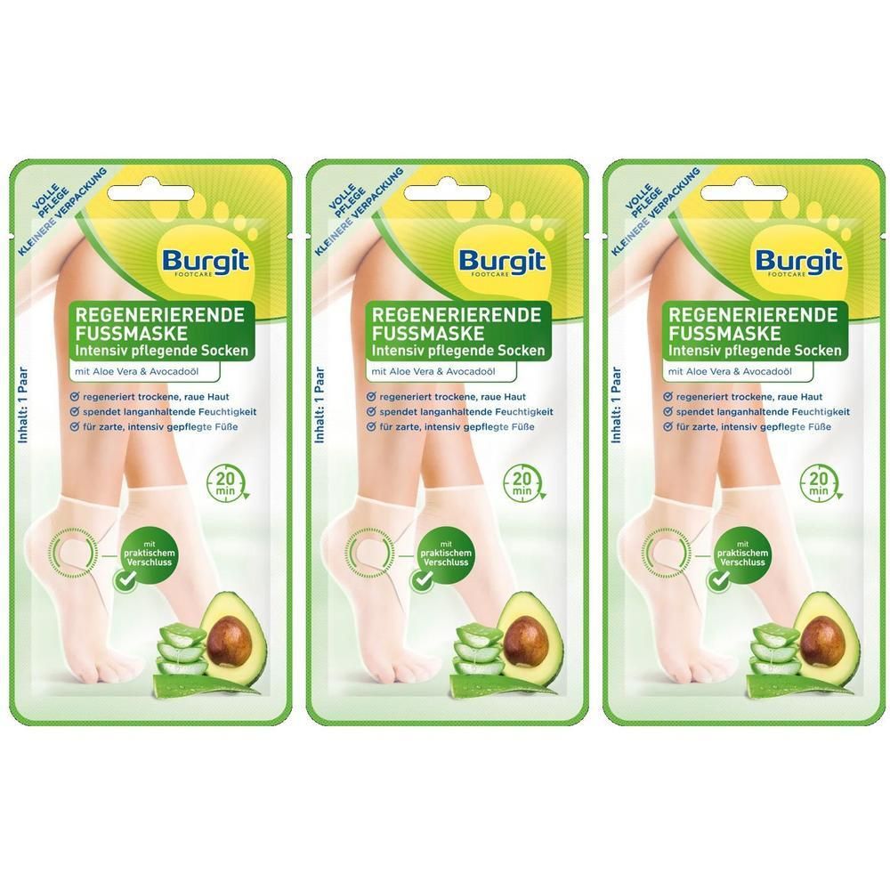 Drei Packungen Fußmasken-Socken. Jede Packung zeigt Füße in Socken, Avocado und Aloe Vera. Text: Burgit, regenerierend, intensiv pflegend.