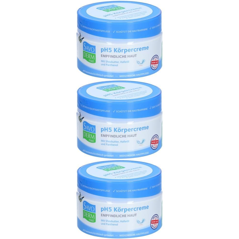 Drei Tiegel SAVODERM pH5 Körpercreme. Weiße Tiegel mit blauem Deckel. Aufschrift: pH5 Körpercreme, EMPFINDLICHE HAUT.