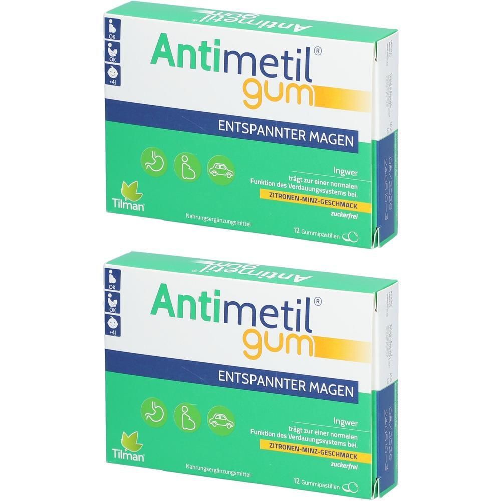 Zwei Schachteln Antimetil gum. Grün-weiße Verpackung mit Produktnamen und Aufschrift 'ENTSPANNTER MAGEN'. Enthält 12 Kaugummis.