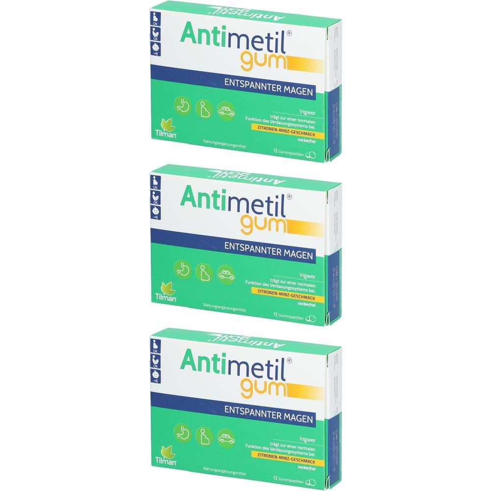 Drei Schachteln Antimetil Gum. Grün-weißes Design mit Produktnamen und Schriftzug "ENTSPANNTER MAGEN".