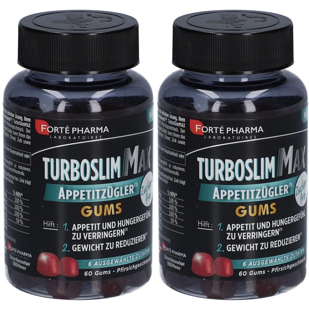 Zwei Flaschen TURBOSLIM MAX GUMS. Schwarze Deckel, transparente Behälter mit Gummibärchen. Aufschrift: FORTÉ PHARMA, APPETITZÜGLER, GUMS.