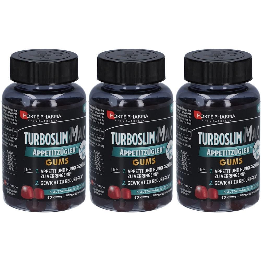 Drei Flaschen TURBOSLIM MAX GUMS. Schwarze Deckel, Etiketten mit Produktnamen und Text. Rote Gummibärchen sichtbar.