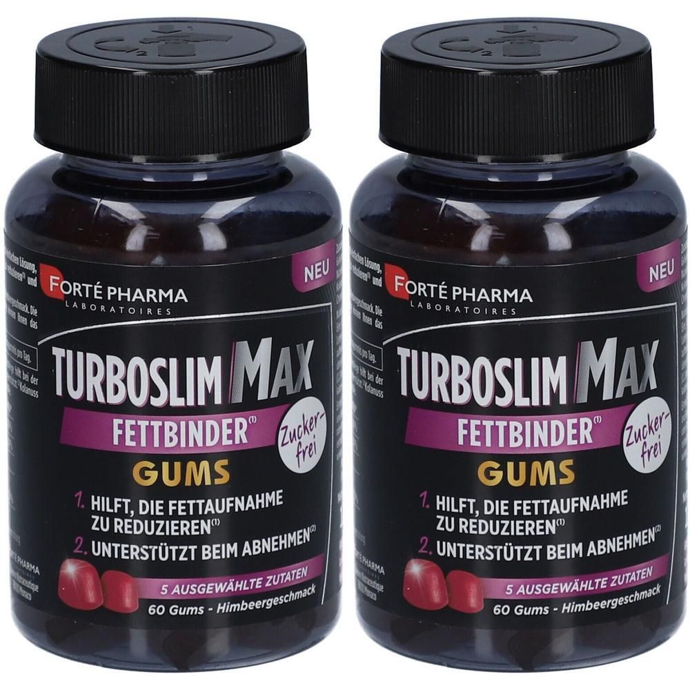 Zwei Flaschen TurboSlim MAX Fettbinder Gums. Dunkle Flaschen mit schwarzem Deckel. Aufschrift: Forte Pharma, TurboSlim MAX, Gums, zuckerfrei.