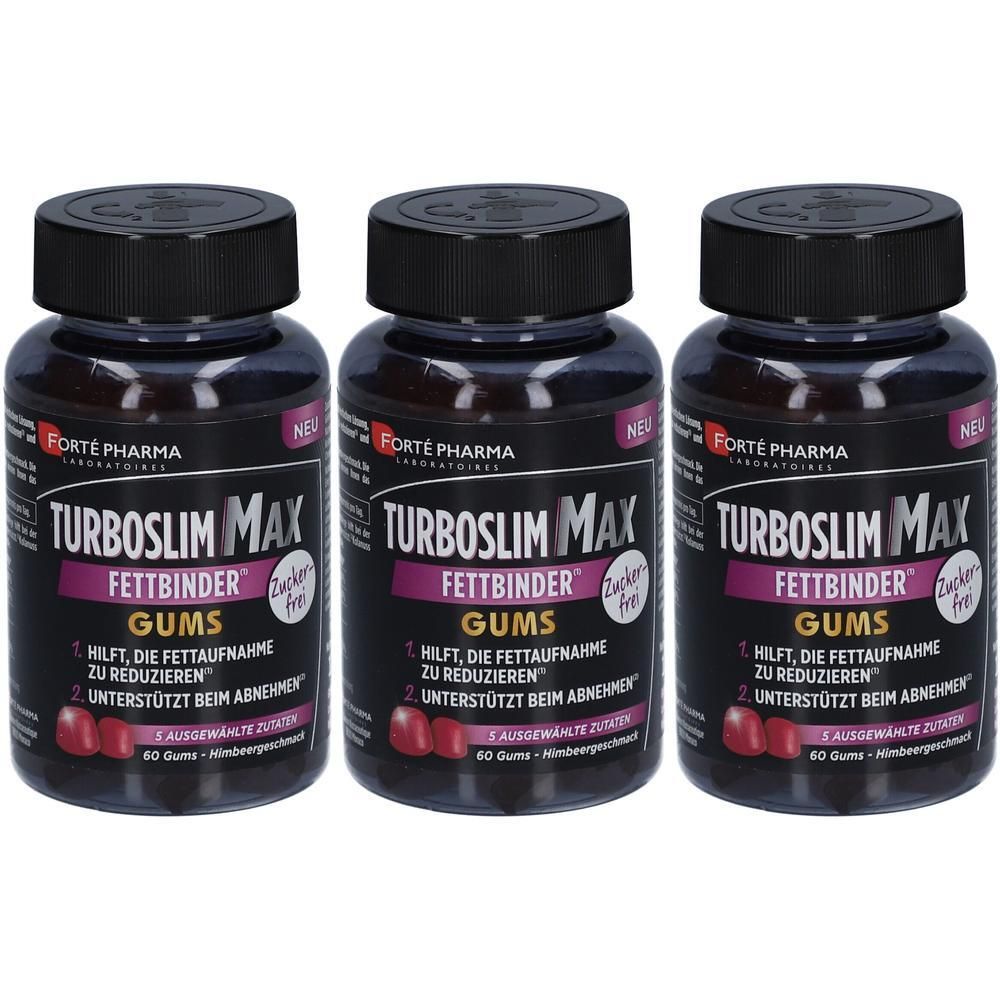 Drei Flaschen TurboSlim MAX Fettbinder Gums. Dunkle Flaschen mit schwarzen Deckeln. Aufschrift: Forte Pharma, TurboSlim MAX, Gums, zuckerfrei.