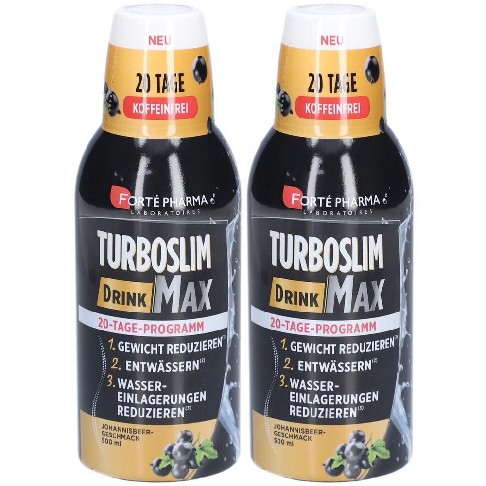 Zwei Flaschen TURBOSLIM MAX Drink, 20-Tage-Programm, koffeinfrei, Johannisbeer-Geschmack.