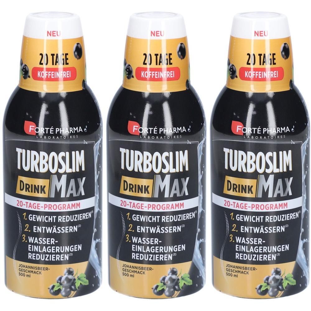 Drei Flaschen TURBOSLIM MAX DRINK, 20-Tage-Programm, Johannisbeer-Geschmack.