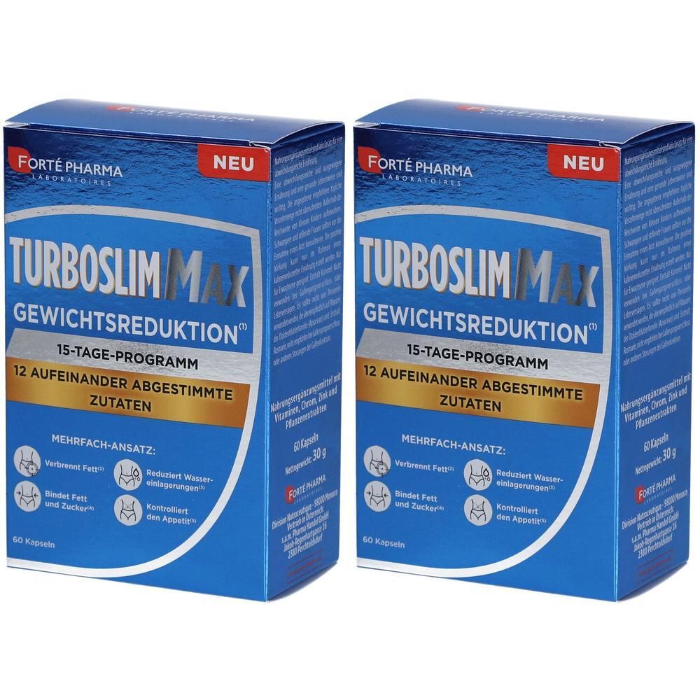 Zwei Schachteln TURBOSLIM MAX Gewichtsreduktion, 15-Tage-Programm mit 12 Zutaten.