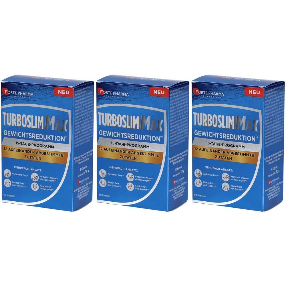 Drei Schachteln TURBOSLIM MAX Gewichtsreduktion, 15-Tage-Programm mit 12 abgestimmten Zutaten.