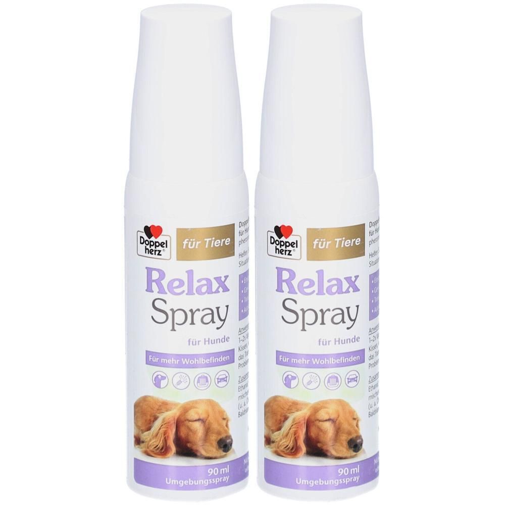 Zwei weiße Sprühflaschen. Aufschrift: Doppelherz Relax Spray für Hunde. Abbildung eines schlafenden Hundes.