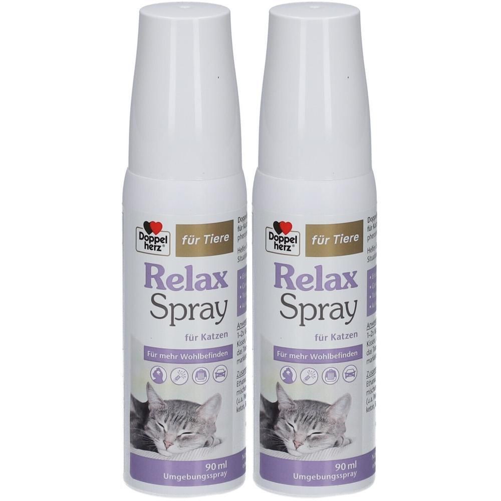 Zwei weiße Sprühflaschen mit Aufschrift "Relax Spray für Katzen". Logo: Doppelherz. Unten ein Katzenbild. 90 ml.