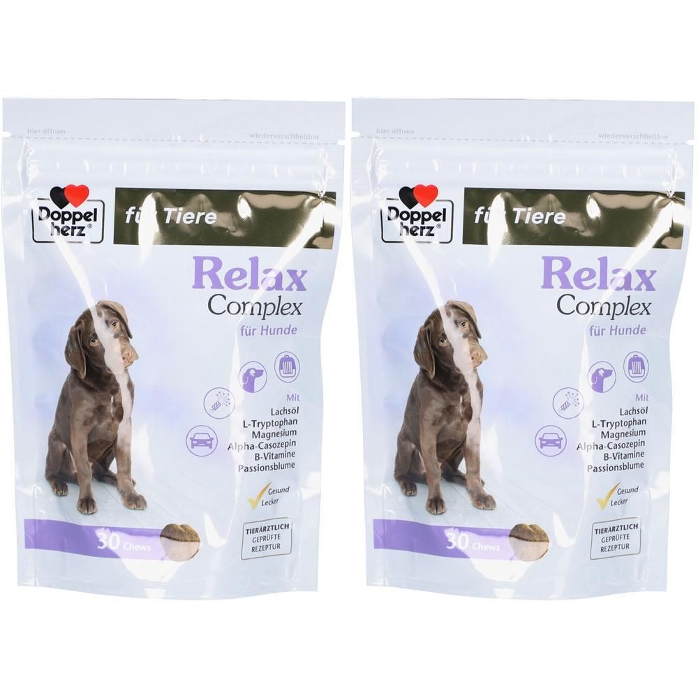 Zwei Beutel Doppelherz Relax Complex für Hunde. Aufdruck: Relax Complex, Hund, Inhaltsstoffe. 30 Tabletten.