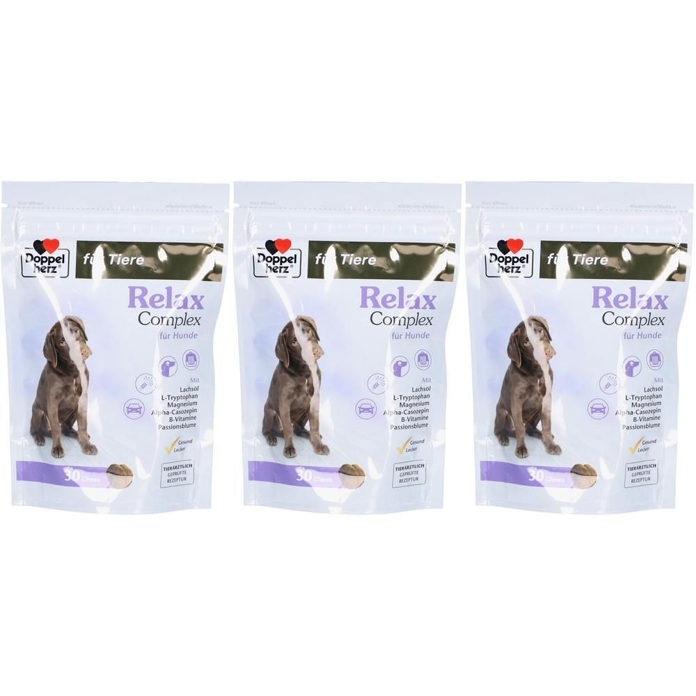 Drei Beutel Doppelherz Relax Complex für Hunde. Auf jedem Beutel ist ein Hund abgebildet. Text: Relax Coraplex für Hunde.