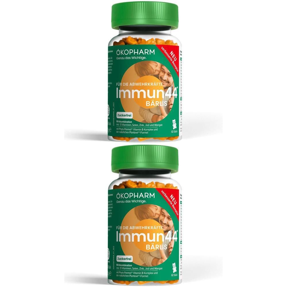 Zwei Flaschen ÖKOPHARM® Immun44 Bärlis. Grüne Deckel, transparente Behälter mit gelben Tabletten. Aufschrift: Immun44 Bärlis.
