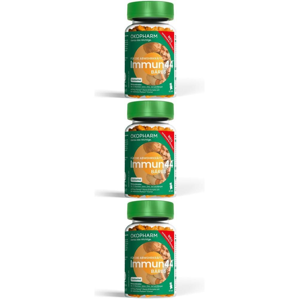 Drei Glasflaschen mit grünem Deckel. Aufschrift: ÖKOPHARM Immun44 Bärlis.