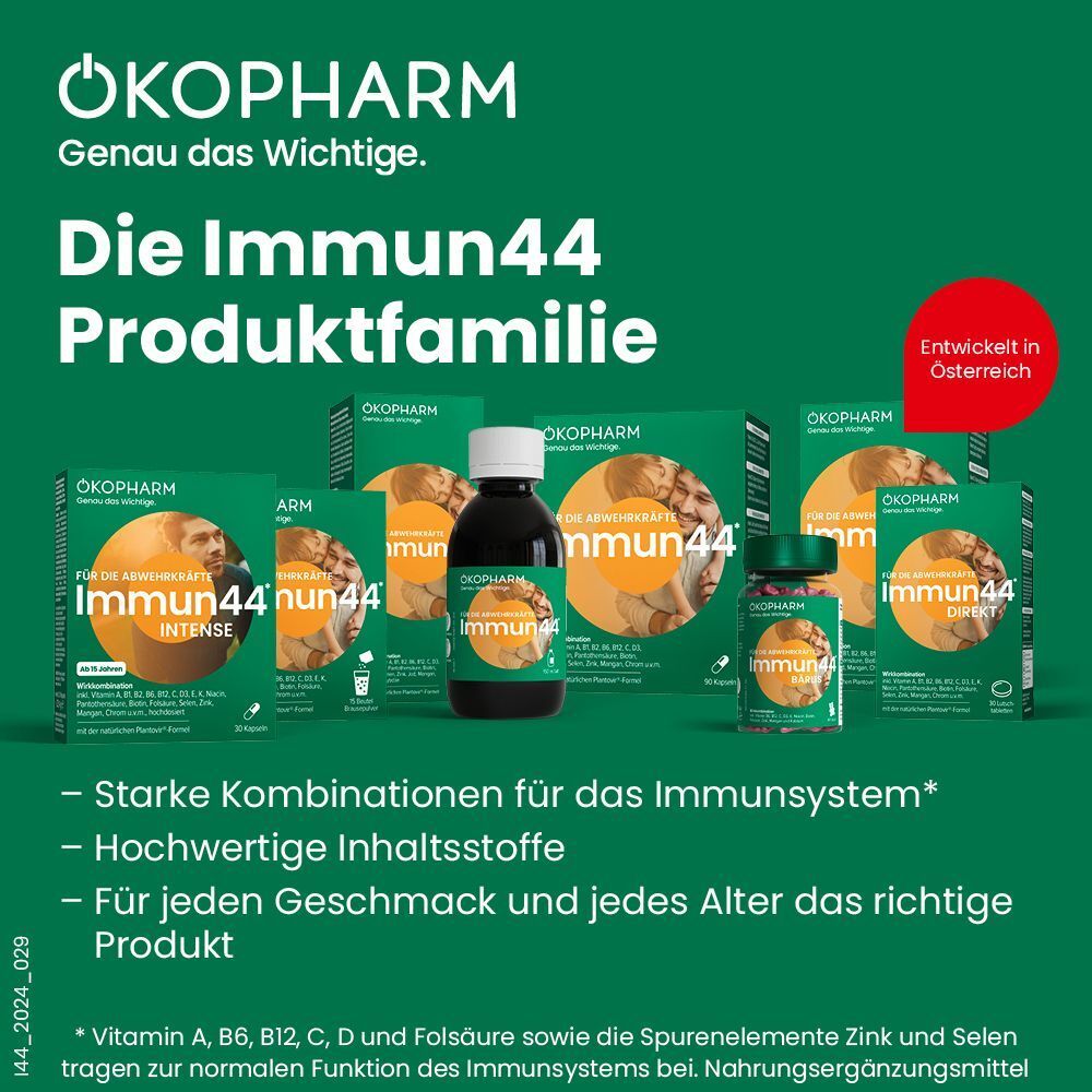 Produktfamilie Immun44. Verpackungen und Flaschen. Text: Starke Kombinationen für das Immunsystem.