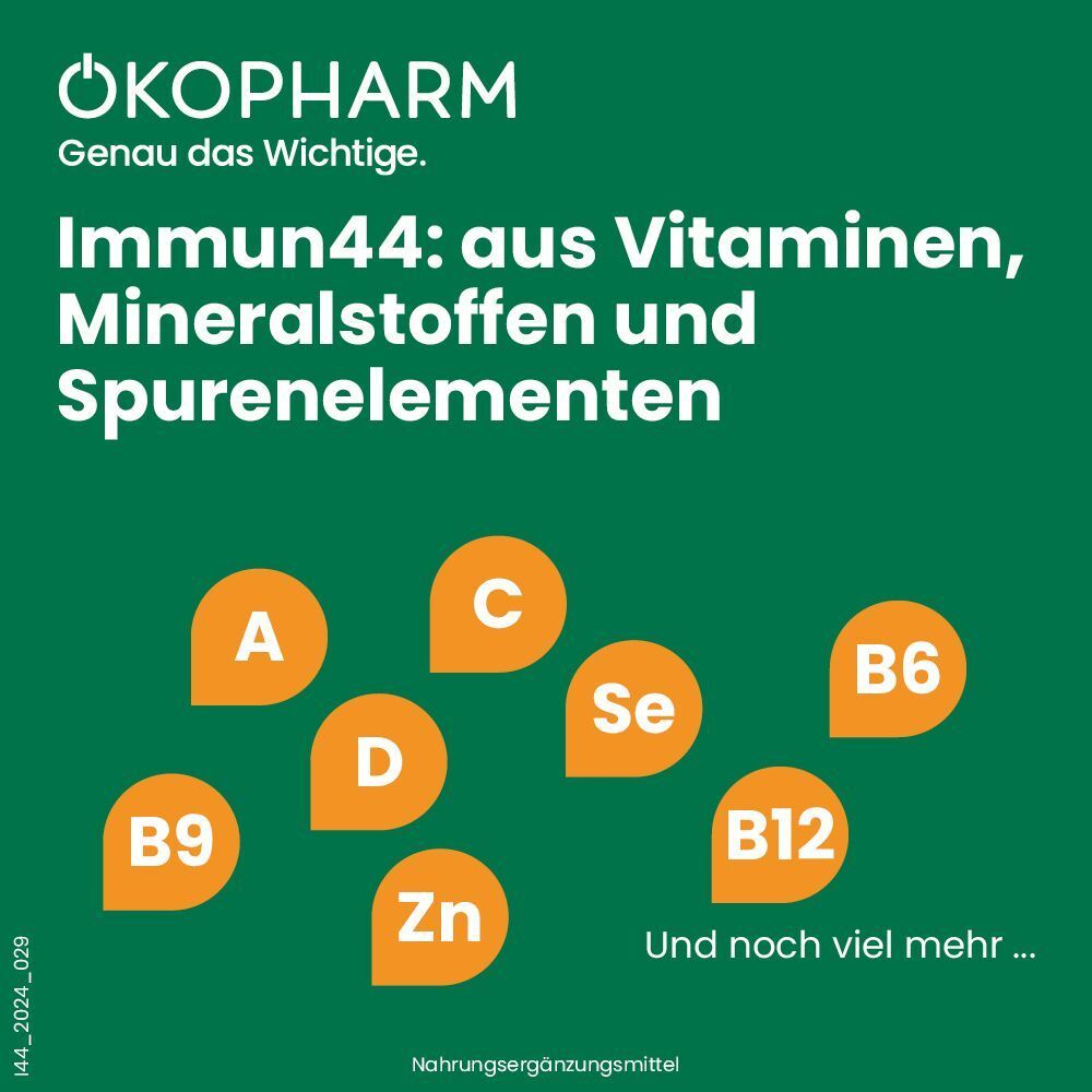 Orangefarbene Tropfen mit Buchstaben: A, C, D, B6, B9, B12, Se, Zn. Text: Immun44: aus Vitaminen, Mineralstoffen und Spurenelementen.