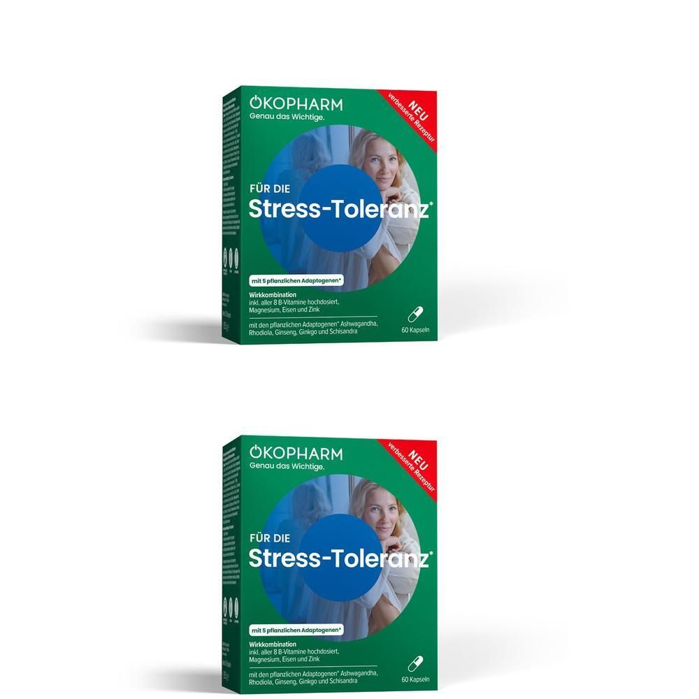 Zwei grüne Schachteln mit dem Produktnamen ÖKOPHARM Stress-Toleranz. Aufschrift "Für die Stress-Toleranz".