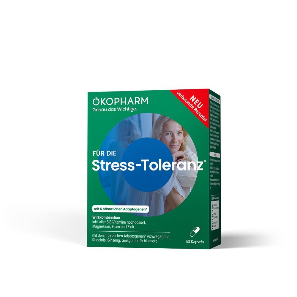 Grüne Schachtel mit weißer Schrift. Aufschrift: ÖKOPHARM, Stress-Toleranz. Roter Aufkleber: NEU. Frau im Kreis. 60 Kapseln.