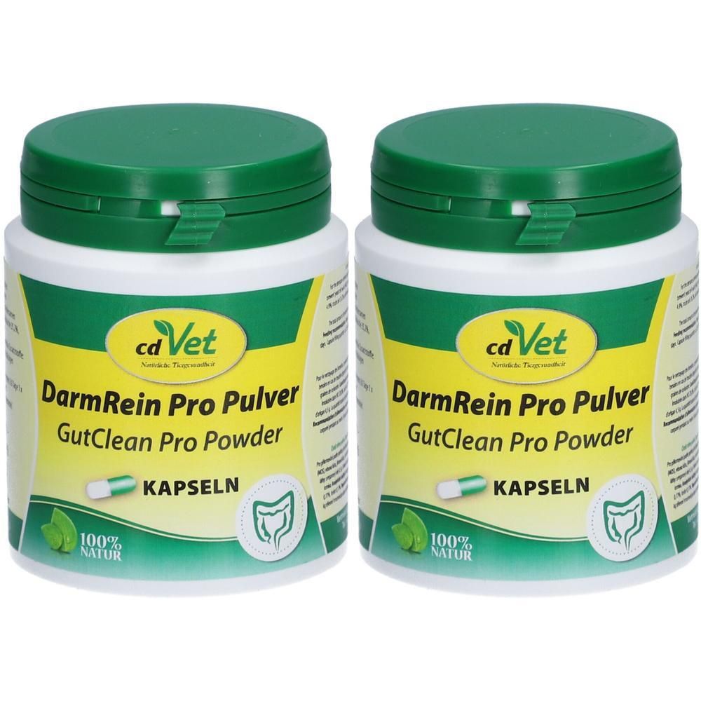 Zwei weiße Dosen mit grünem Deckel. Aufschrift: cdVet DarmRein Pro Pulver, GutClean Pro Powder, Kapseln. Logo: Darm-Symbol und Blatt.