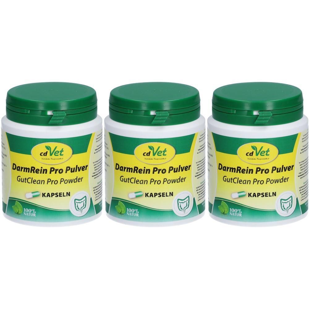 Drei Dosen mit grünem Deckel. Aufschrift: caVet, DarmRein Pro Pulver, GutClean Pro Powder, Kapseln. 100% Natur.