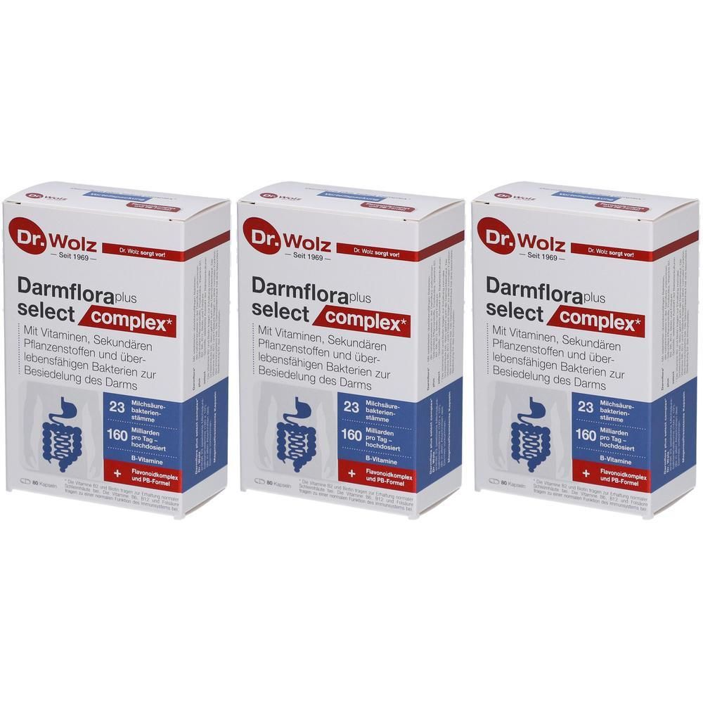 Drei Kartons Dr. Wolz Darmflora select complex. Weiße Verpackung mit roter und blauer Schrift. Aufdruck: 23 Mikronährstoffe, 160 Milliarden Bakterien.