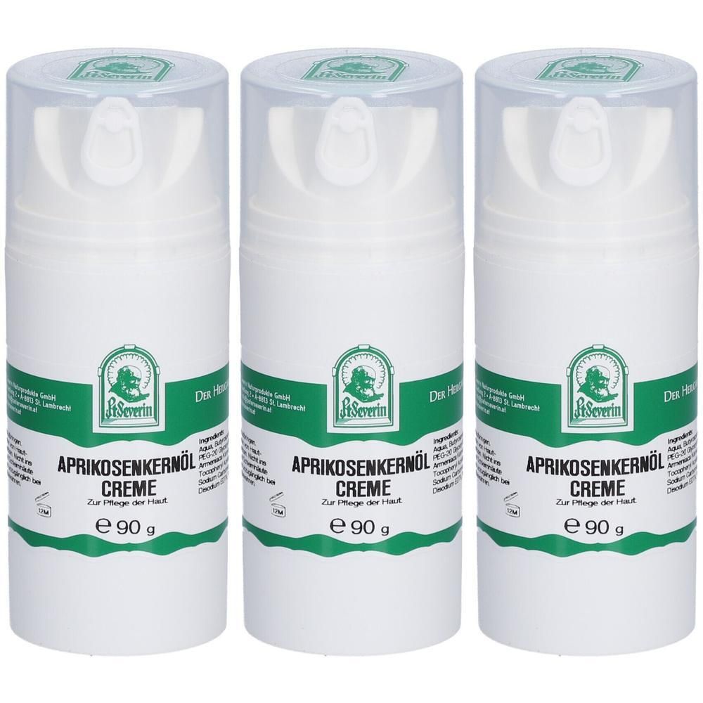 Drei weiße Cremes mit grünen Etiketten. Aufschrift: Aprikosenkernöl Creme, e 90 g. Marke: St. Severin. Mit Pumpverschluss.