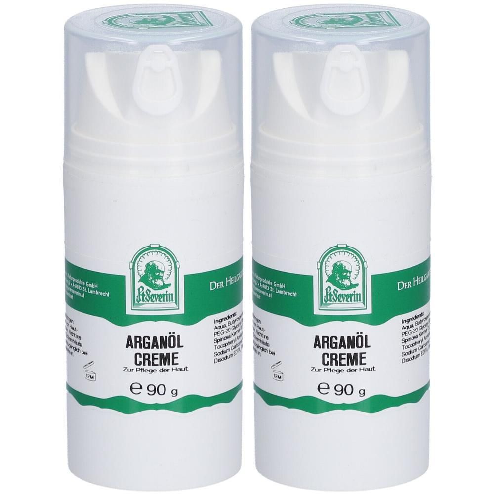 Zwei weiße Cremes mit transparenten Deckeln. Aufschrift: Arganöl Creme, e 90 g, Logo mit Schriftzug Pater Severin.