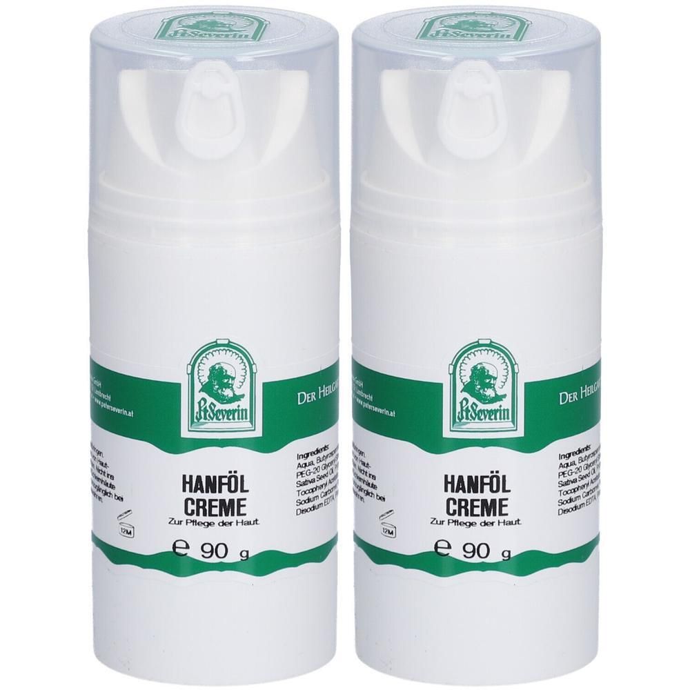 Zwei weiße Cremes mit grünen Bändern und Deckeln. Aufschrift: Hanföl Creme, St. Severin. E 90 g.