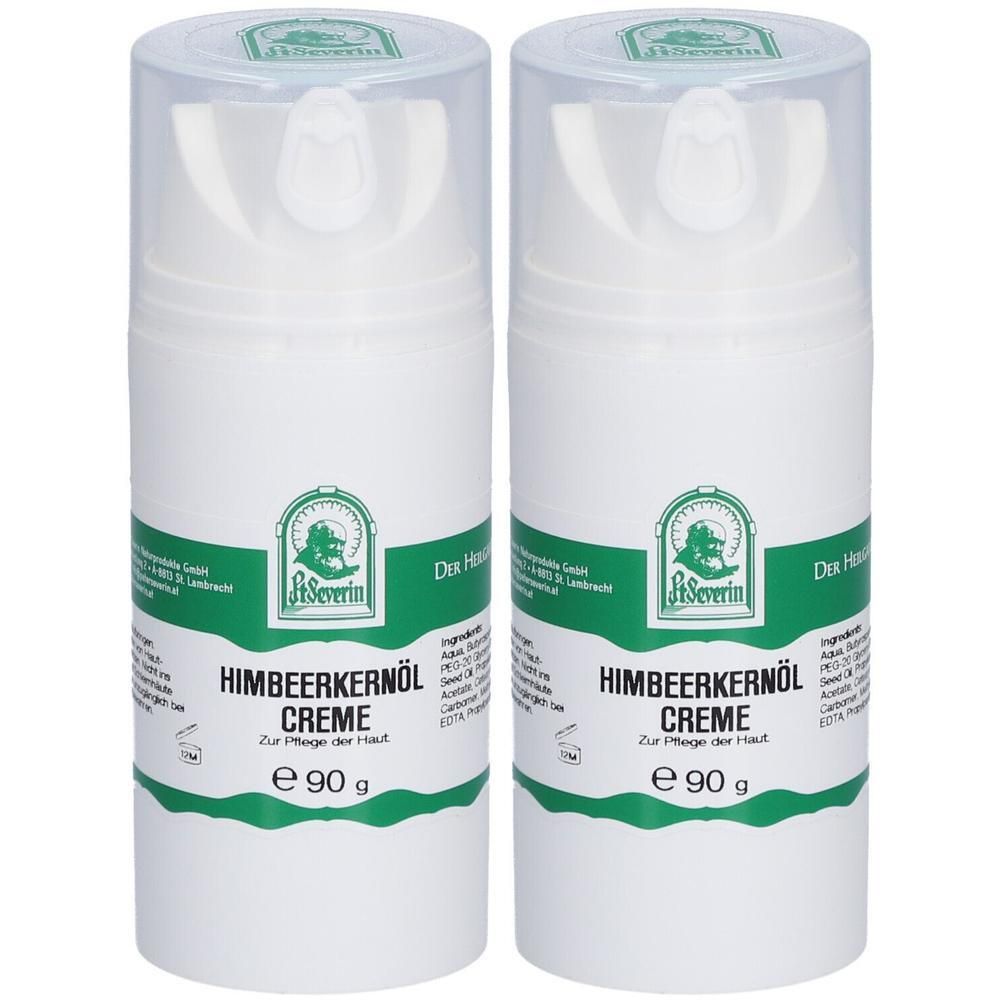 Zwei weiße Pumpspender mit Himbeerkernöl Creme Etikett, je 90g.