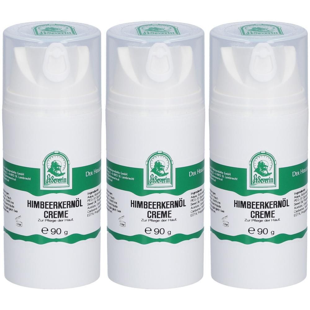 Drei weiße Pumpspender mit Himbeerkernöl Creme, je 90g.