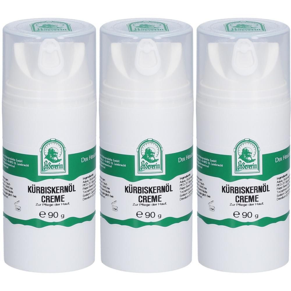 Drei weiße Cremetuben mit transparentem Deckel. Aufdruck: St. Severin Kürbiskernöl Creme, e 90 g.
