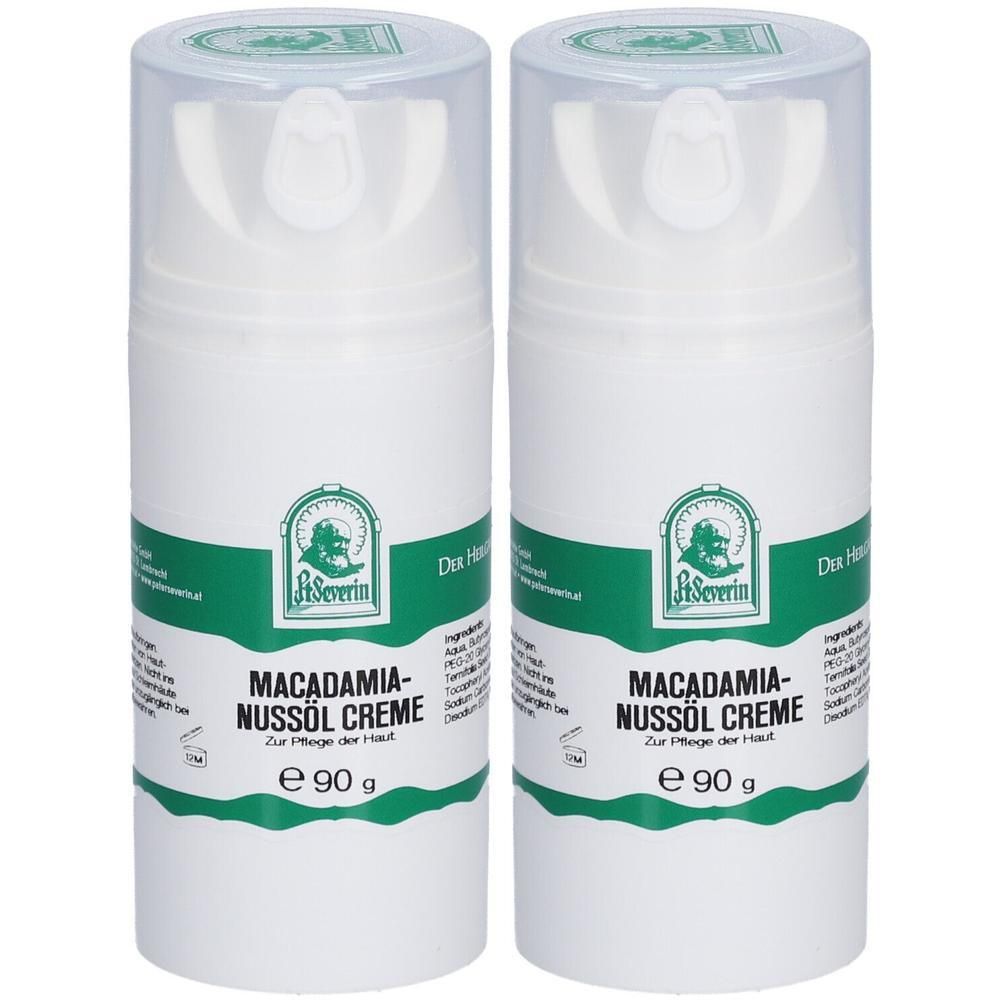 Zwei weiße Cremes mit grünen Etiketten. Aufschrift: Macadamia-Nussöl Creme, e 90 g. Marke: St. Severin. Transparenter Deckel.