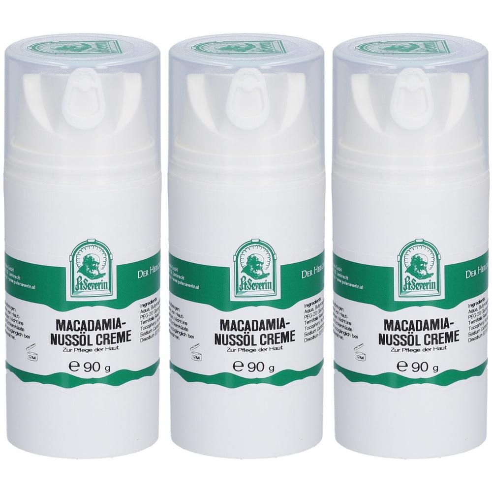 Drei weiße Cremes mit transparenten Deckeln. Aufschrift: Macadamia-Nussöl Creme, e 90 g, Logo von St. Severin.