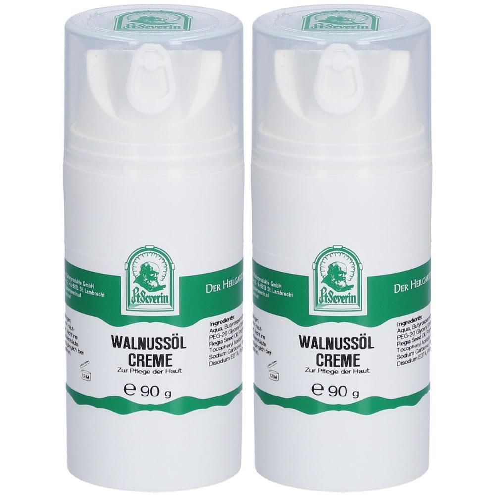 Zwei weiße Cremes mit transparentem Deckel. Aufschrift: Walnussöl Creme, e 90 g. Logo: St. Severin. Grüne und weiße Verpackung.